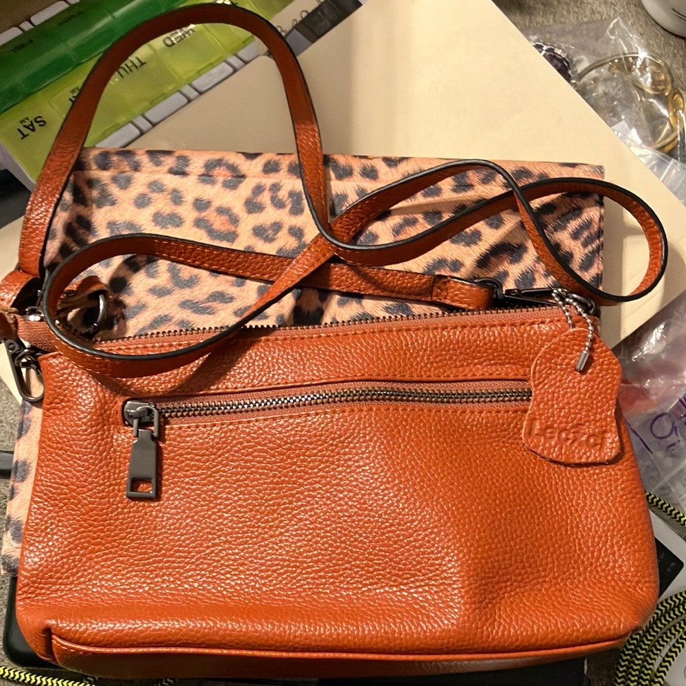 Lecxci  burnt orange soft pebbled leather crossbody clutch